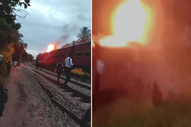 தீப்பற்றி எரிந்த ரயில் என்ஜின்