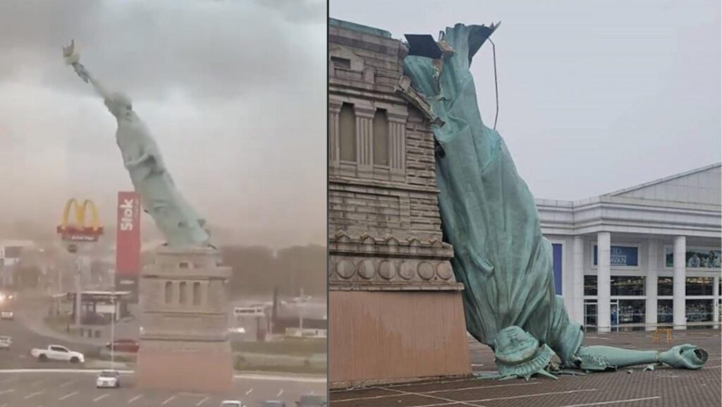 கீழே விழுந்து நொறுங்கிய சுதந்திர தேவி சிலை!