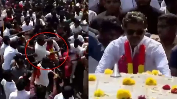 சைக்கிளில் சென்ற விஜய் தடுமாறி விழுந்தார்